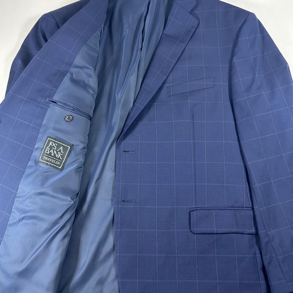 Jos A Bank Traveler Blazer Mens 50R Blue Windowpane Wool Tailored Fit Sport Coat